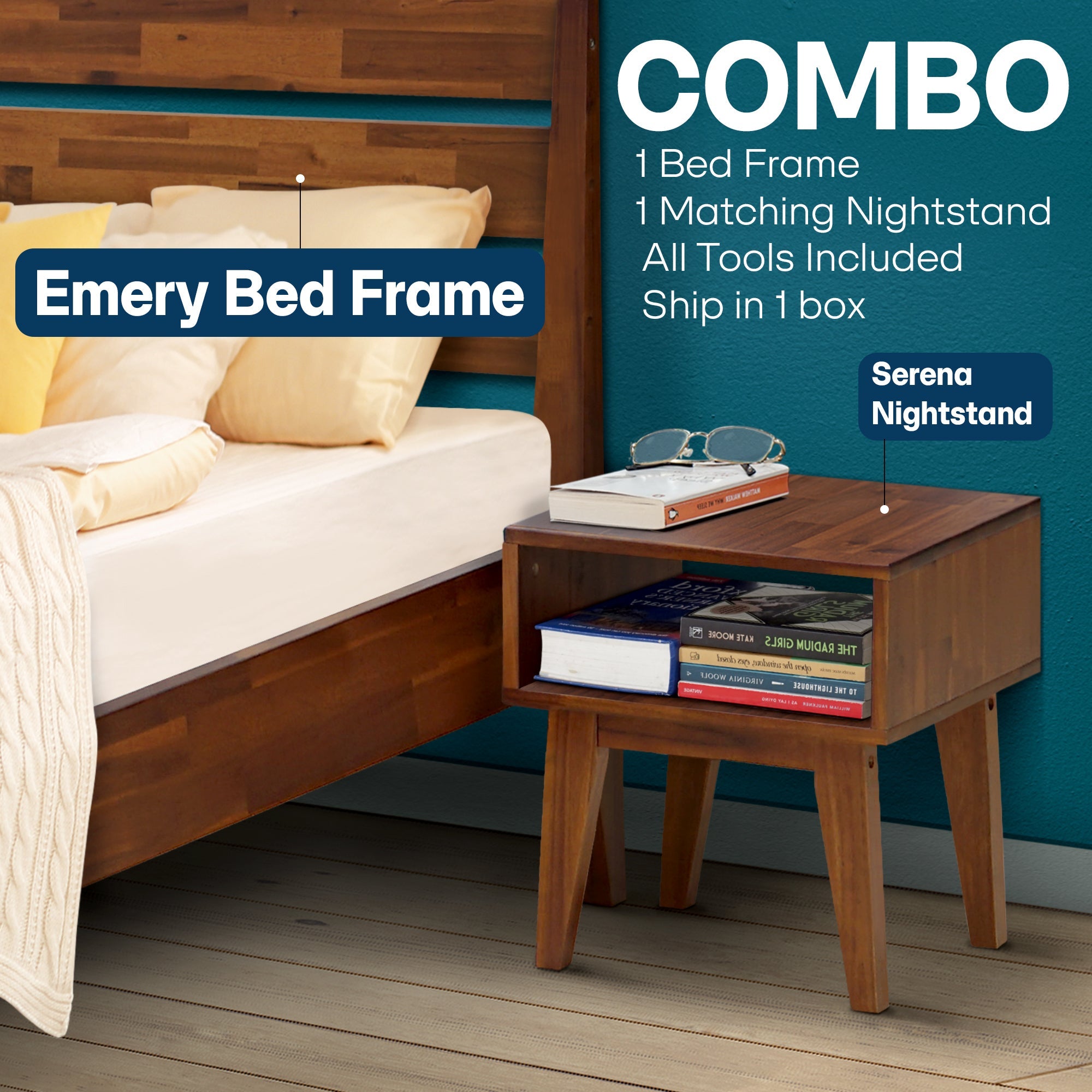 Emery Bed Frame &amp; Nightstand Set - Acacia Solid Wood in Walnut, or Americano