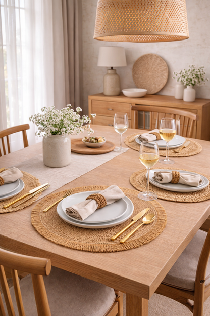 Straw &amp; Fringe Round Placemat | 15” Handwoven Natural Fiber Table Decor