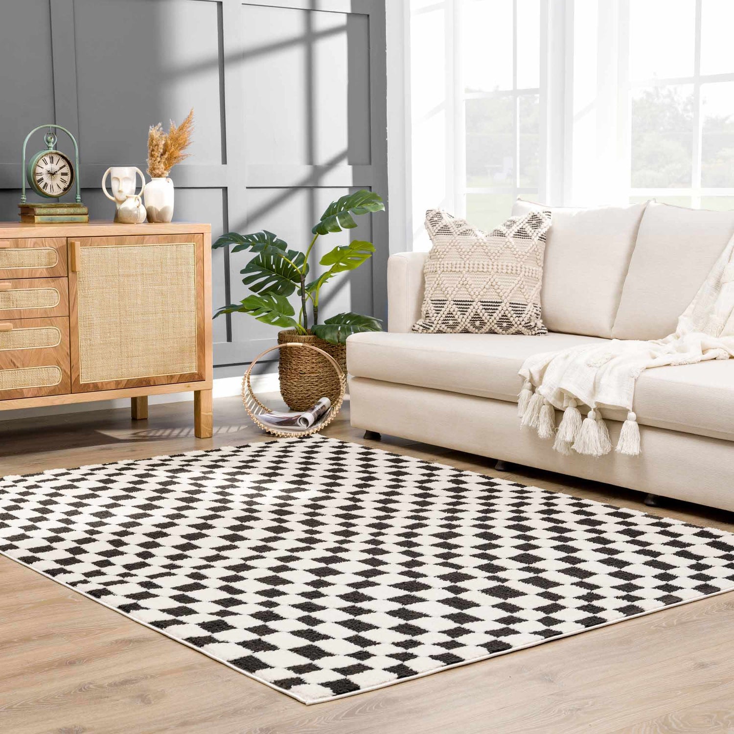Lajos Black &amp; White Checkered Plush Rug