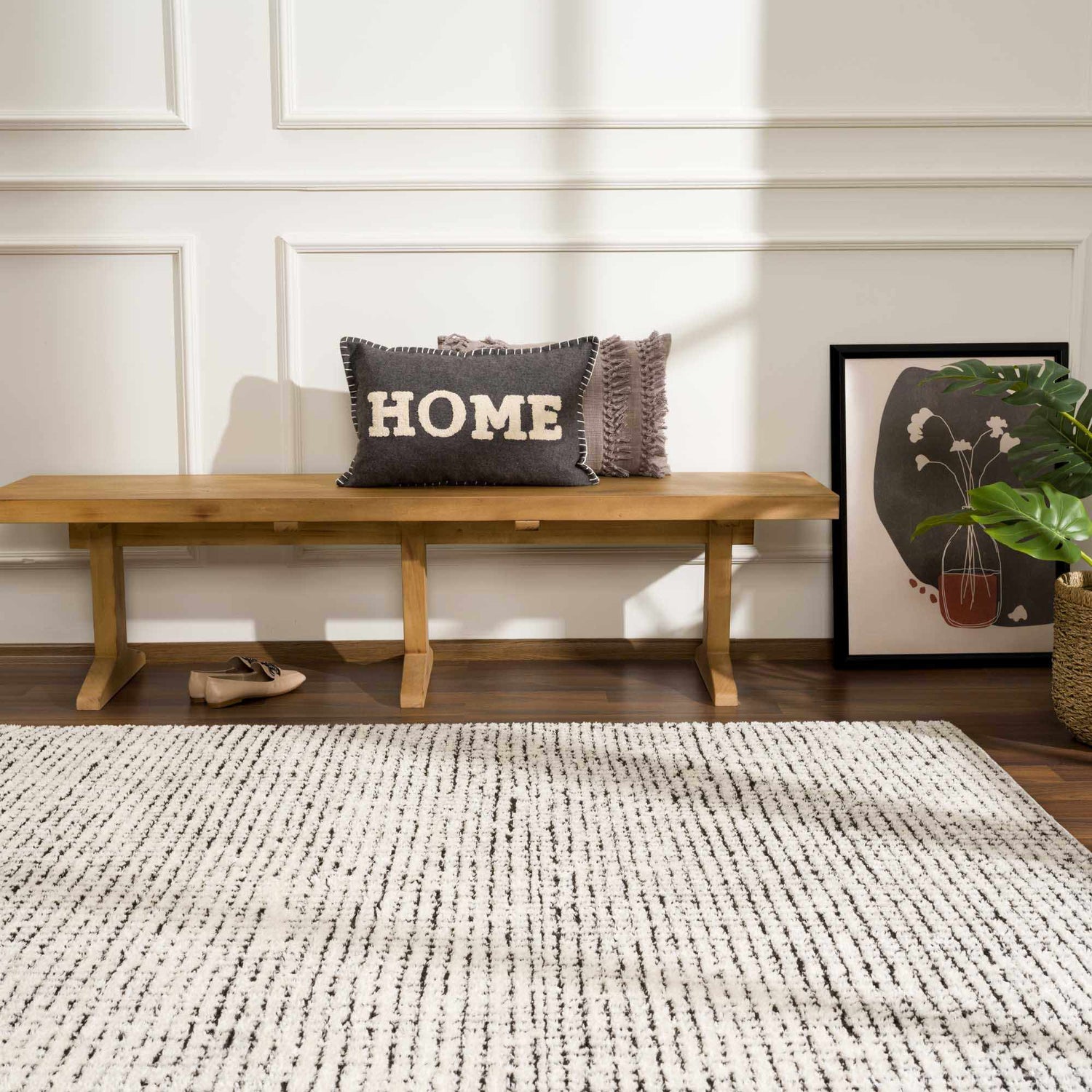 Keita Cream &amp; Black Grid Plush Rug