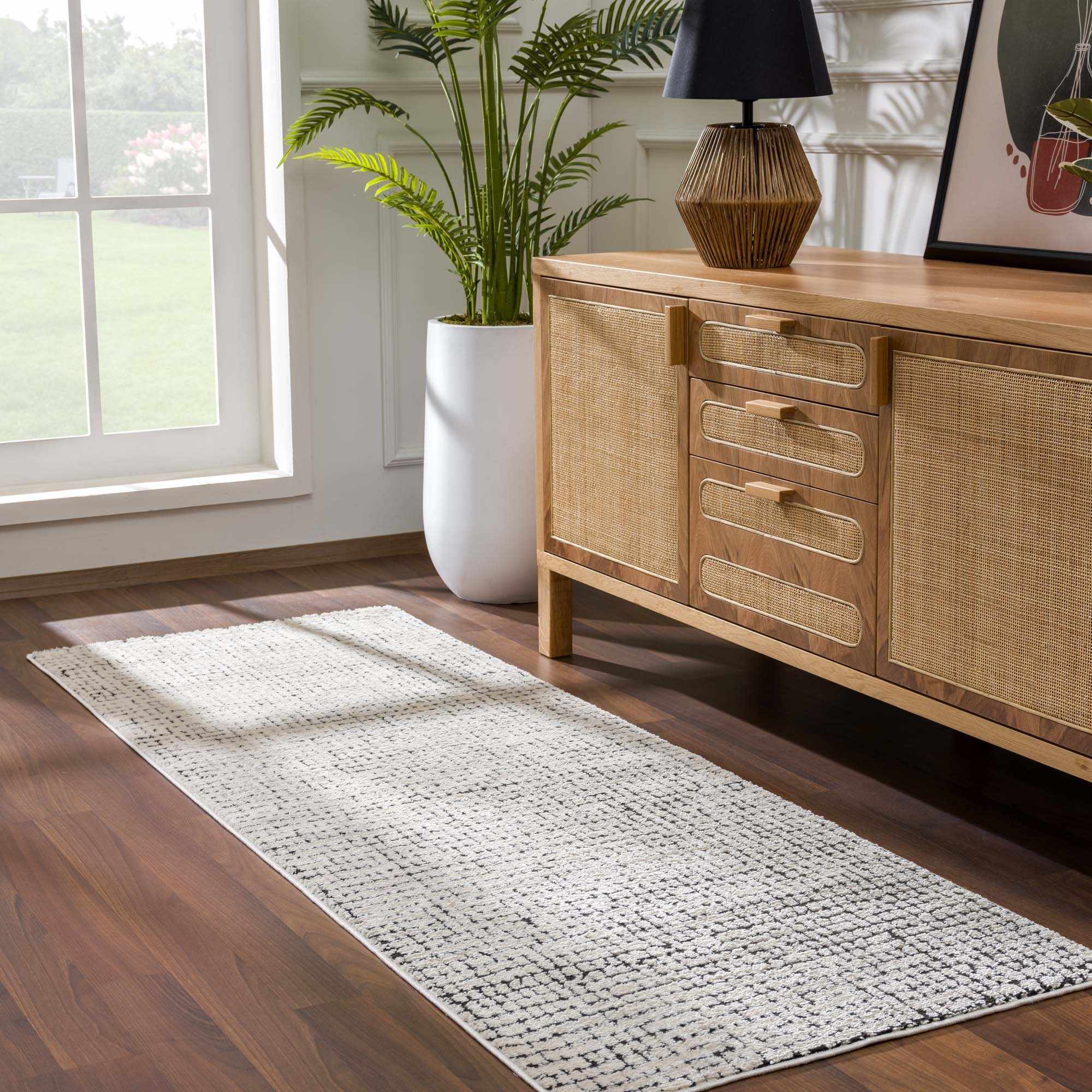 Keita Cream &amp; Black Grid Plush Rug