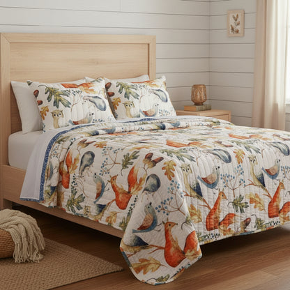 Full/Queen Blue/Beige Birds Reversible Quilt Set