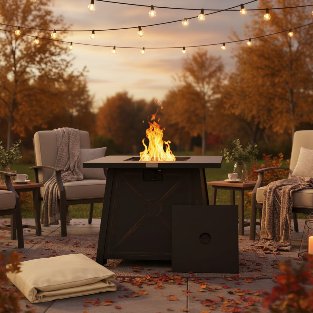 50,000 BTU Black Steel Square Portable LP Gas Propane Fire Pit Table