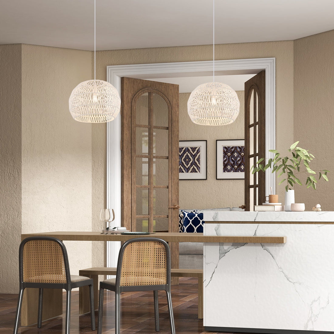 Round Rattan Pendant Lights with Adjustable Hanging Rope-Beige