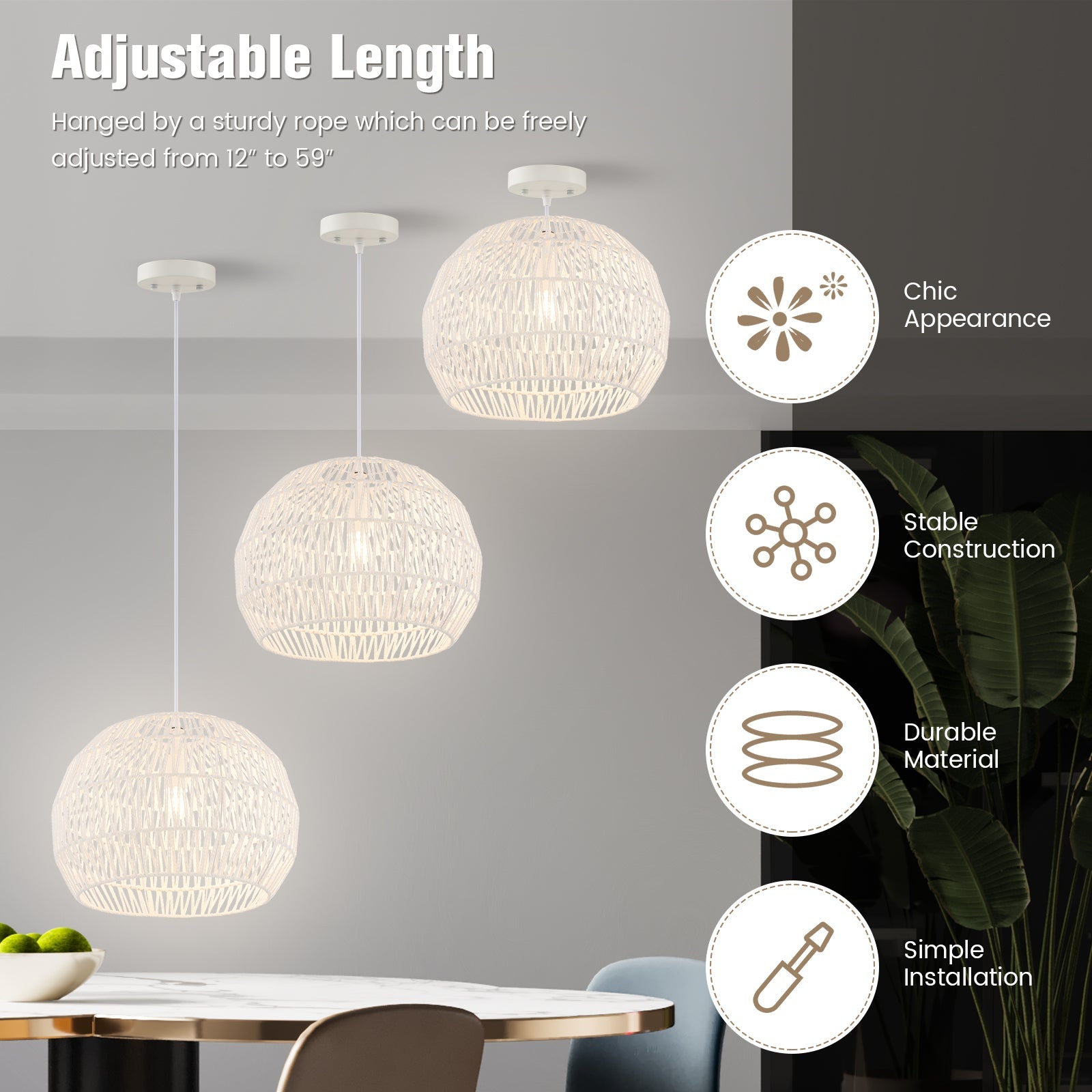 Round Rattan Pendant Lights with Adjustable Hanging Rope-Beige