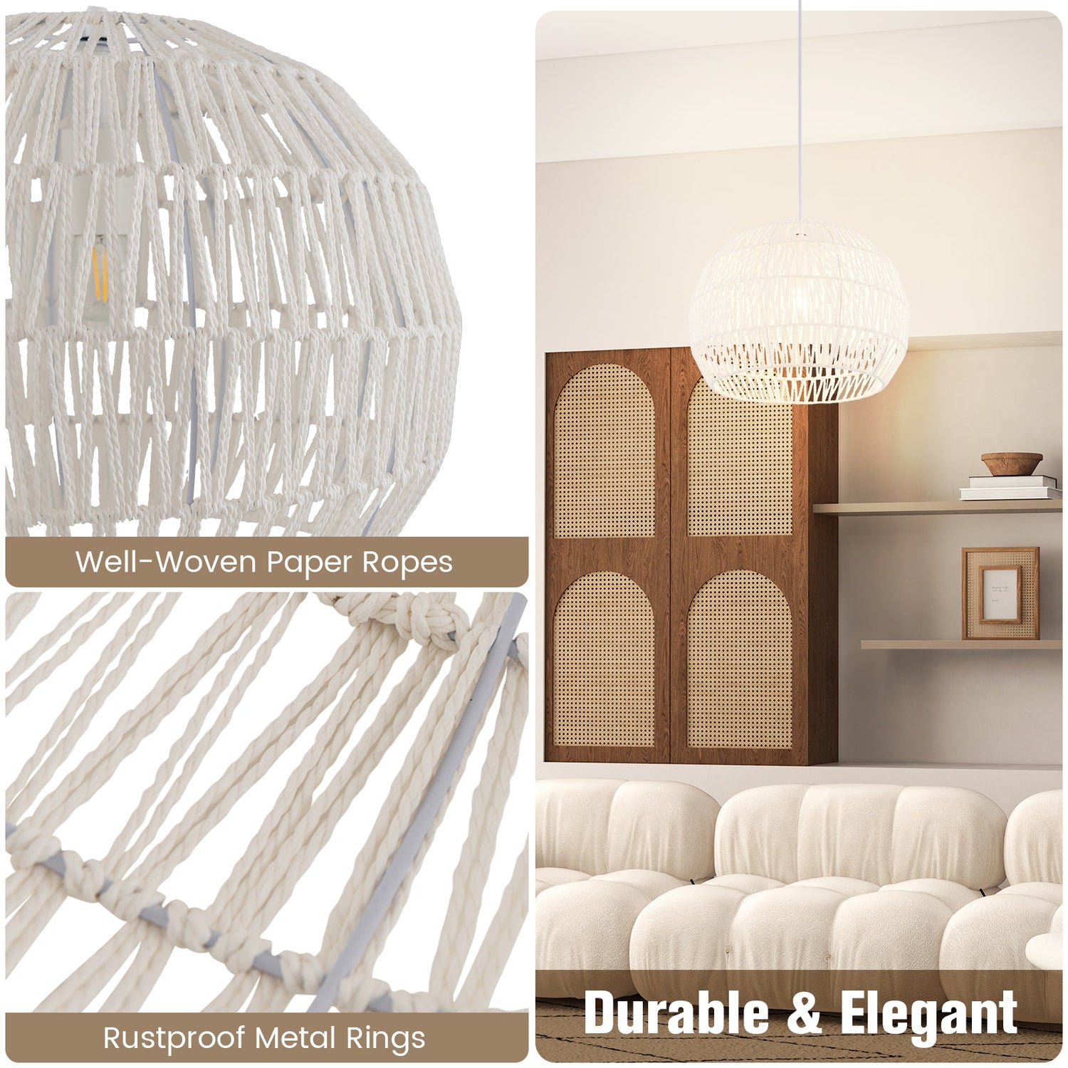 Round Rattan Pendant Lights with Adjustable Hanging Rope-Beige