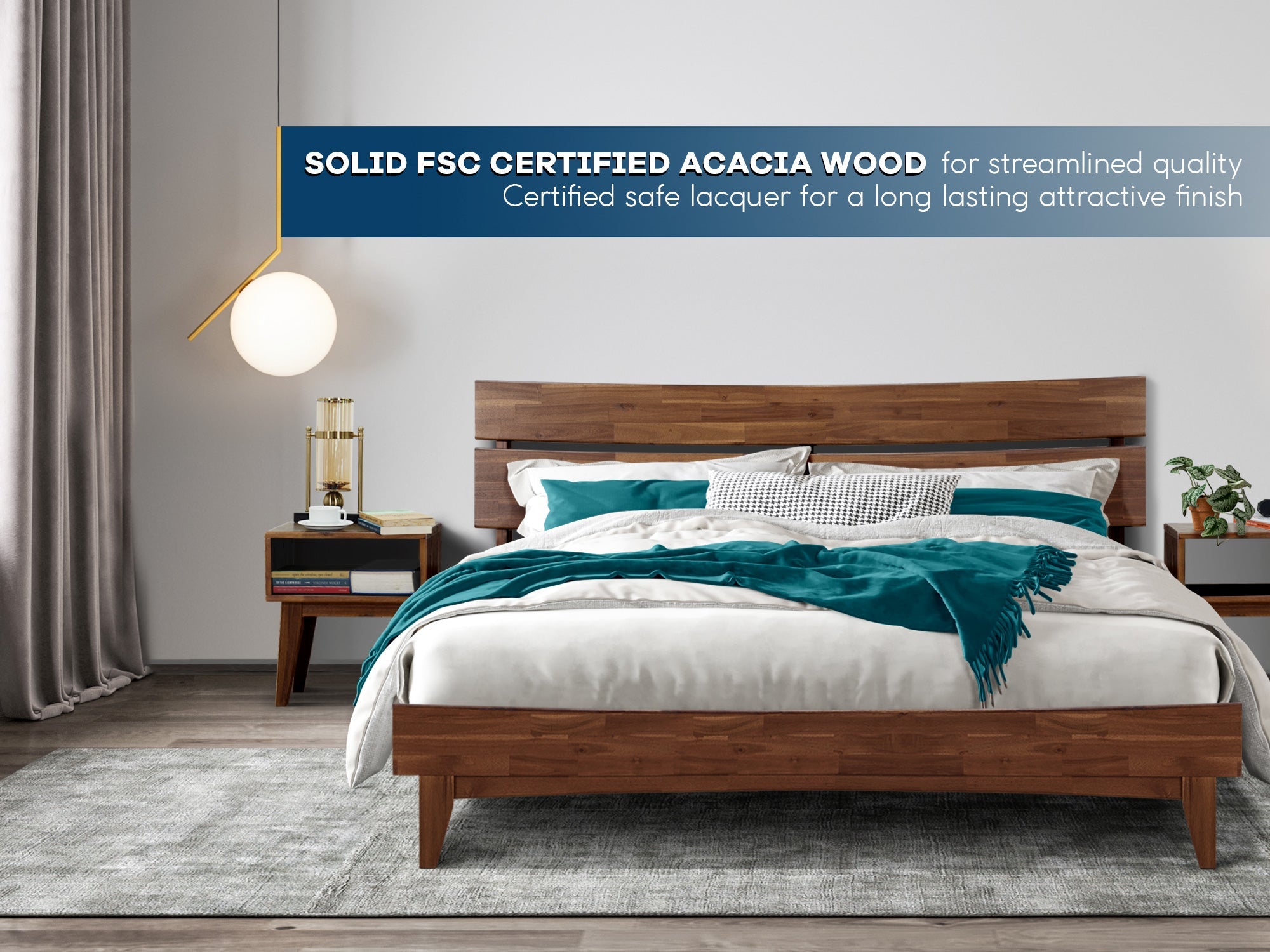 Aurora Acacia Bed Frame &amp; Nightstand Set - 2 Finishes