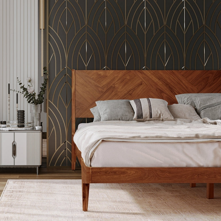 Gazelle Acacia Platform Bed Frame With Headboard - Caramel, Walnut