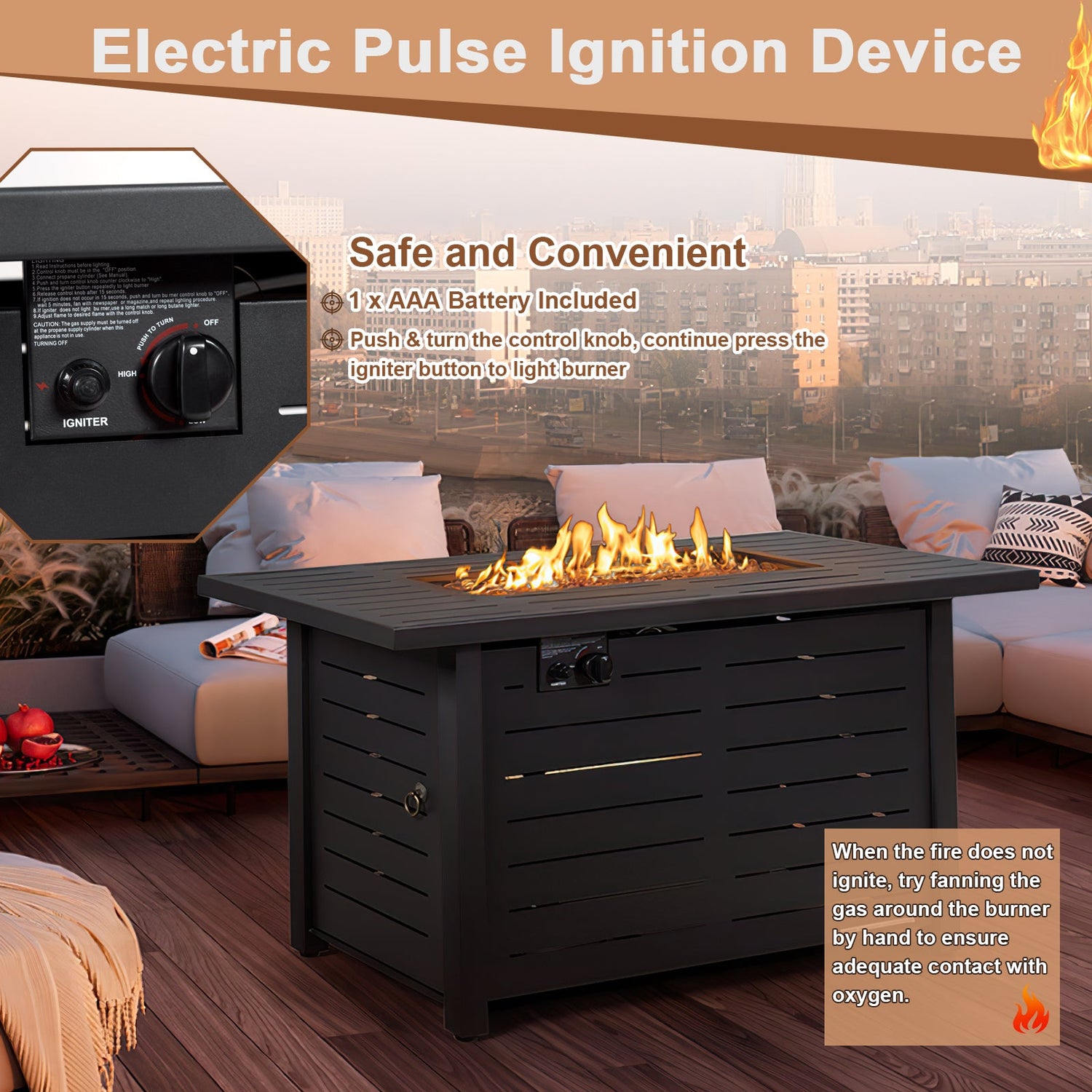 42 Inch 60,000 BTU Rectangular Propane Fire Pit Table with Waterproof Cover