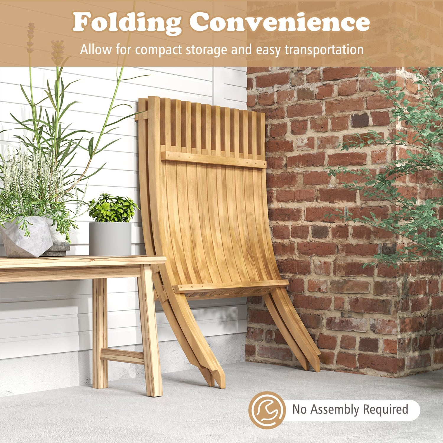 Folding Teak Wood Outdoor Lounge Chair with Slatted Seat and Backrest