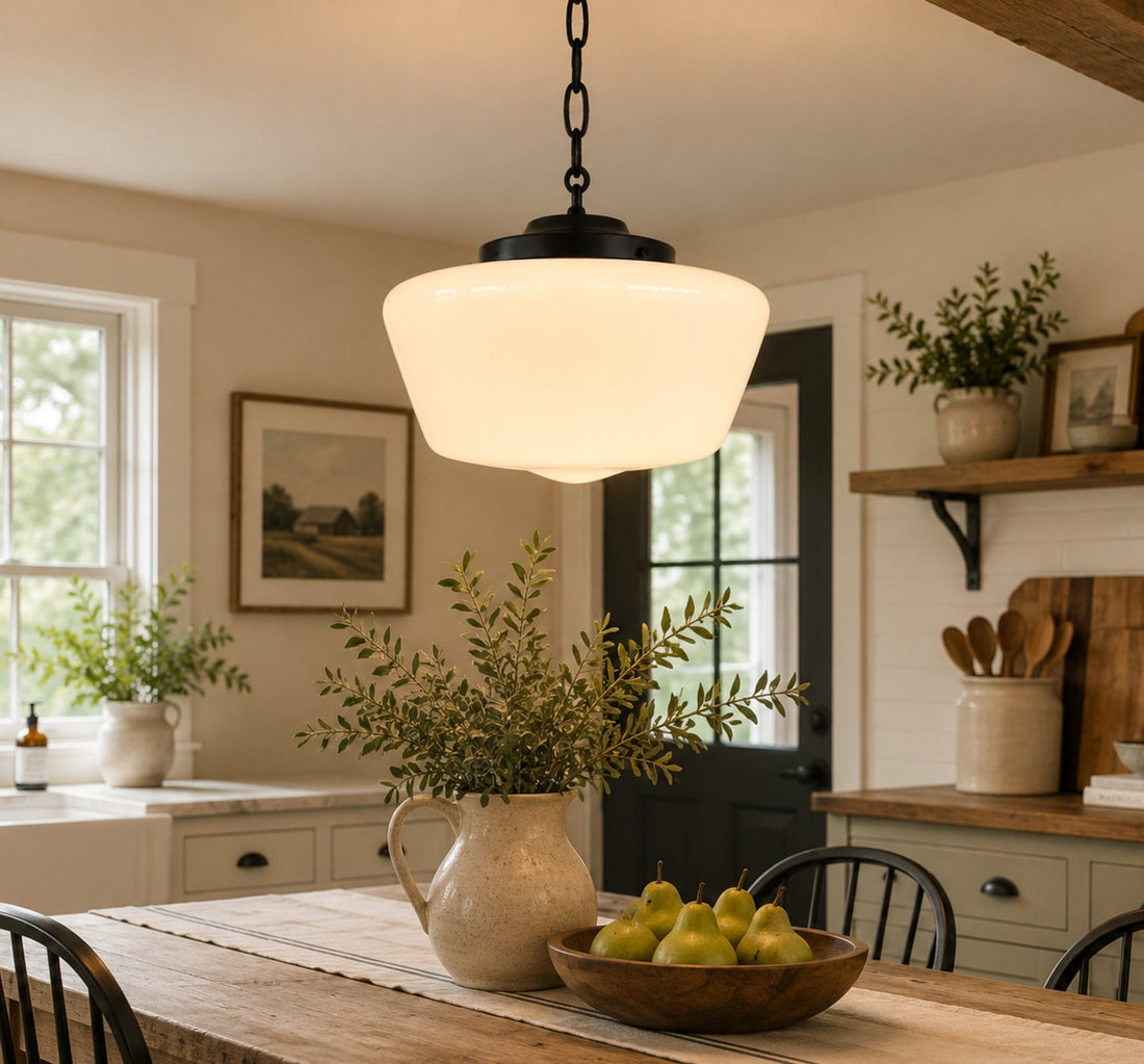 Large Antique Milk Glass Schoolhouse Pendant Light - 12"