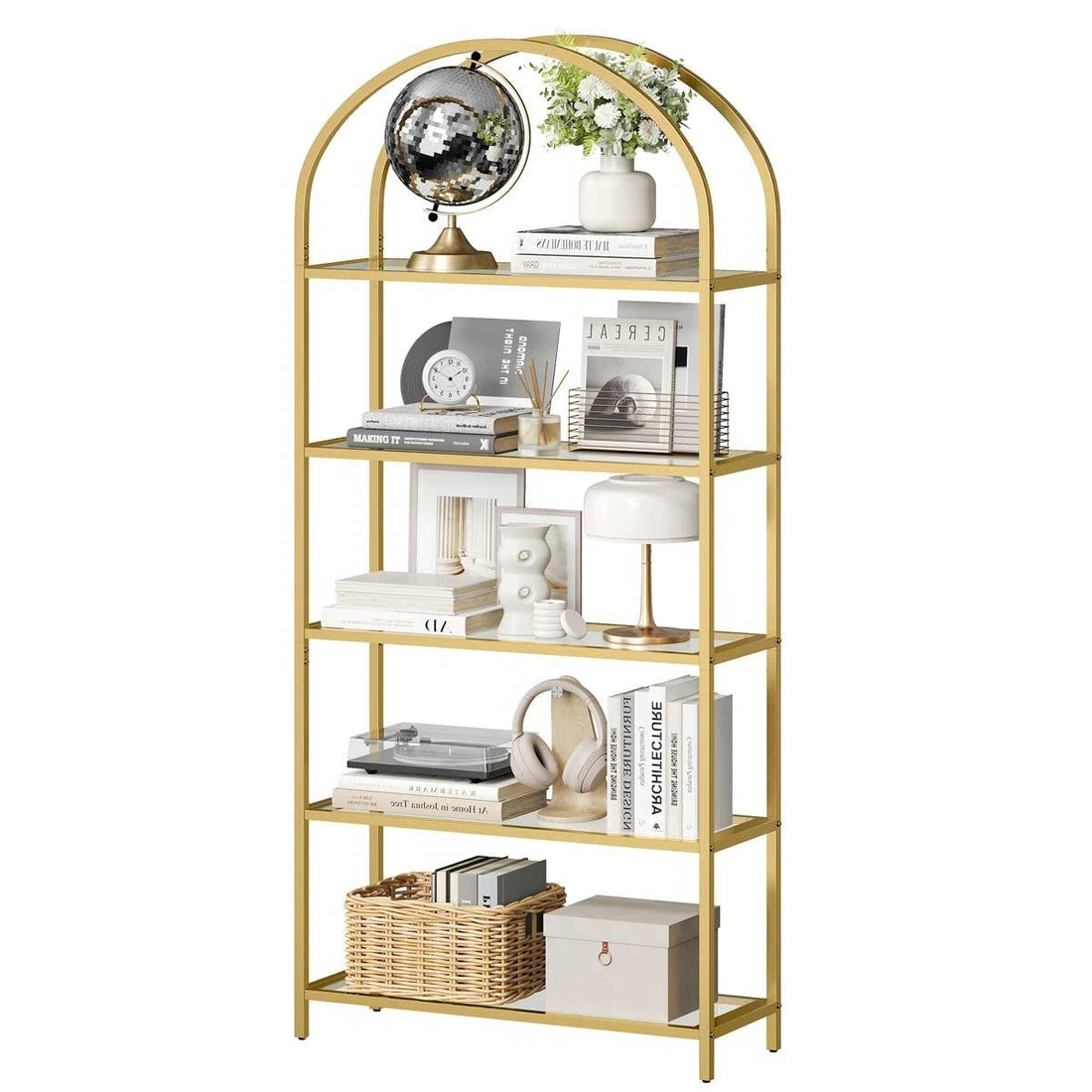 Modern Gold Metal Arched Top Display Rack/ Bookcase with 5 Glass Storage Shelves