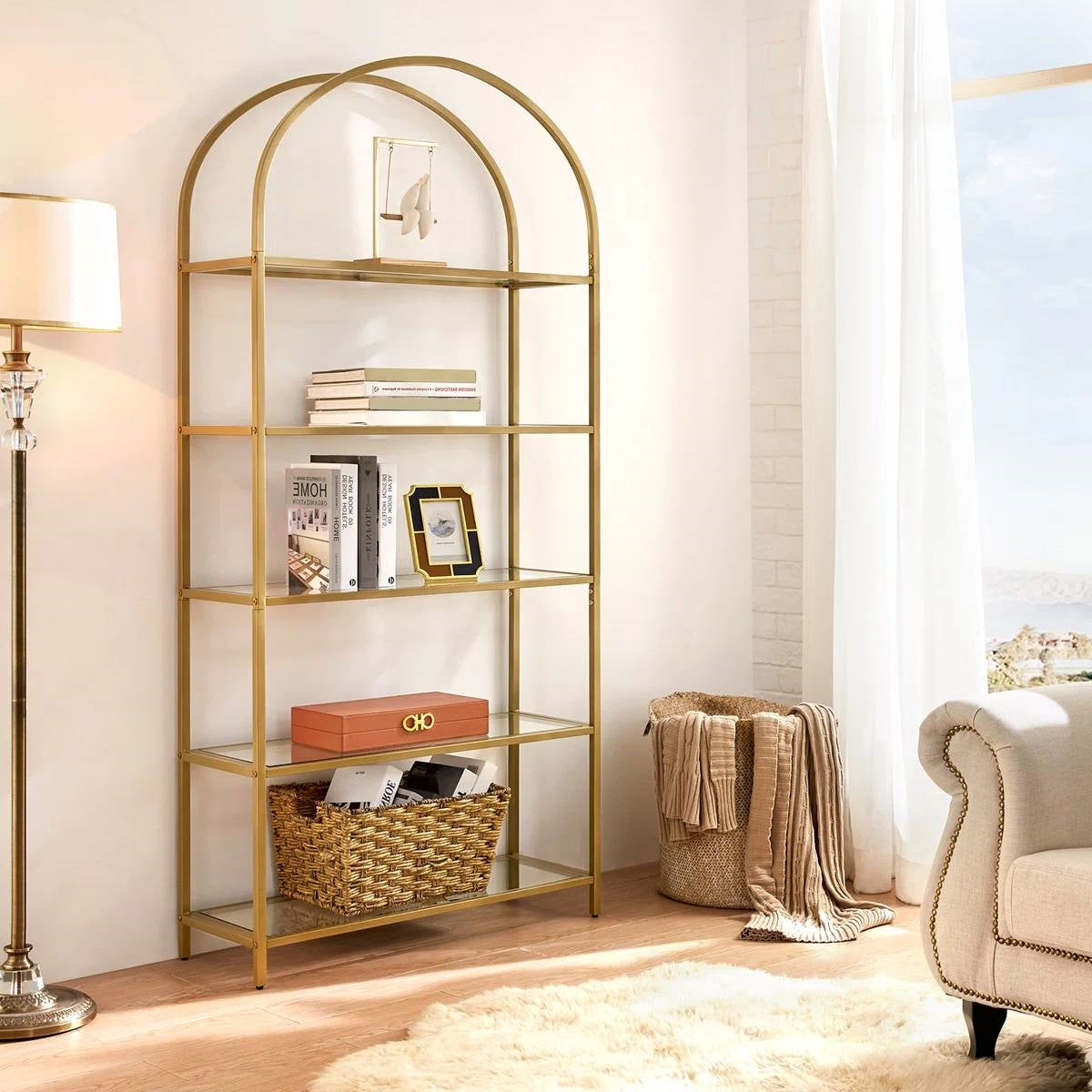 Modern Gold Metal Arched Top Display Rack/ Bookcase with 5 Glass Storage Shelves