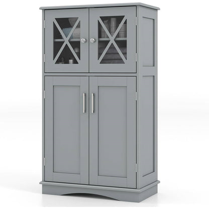 Bathroom Linen Cabinet with Glass Doors and Storage Shelves in Gray