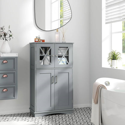 Bathroom Linen Cabinet with Glass Doors and Storage Shelves in Gray