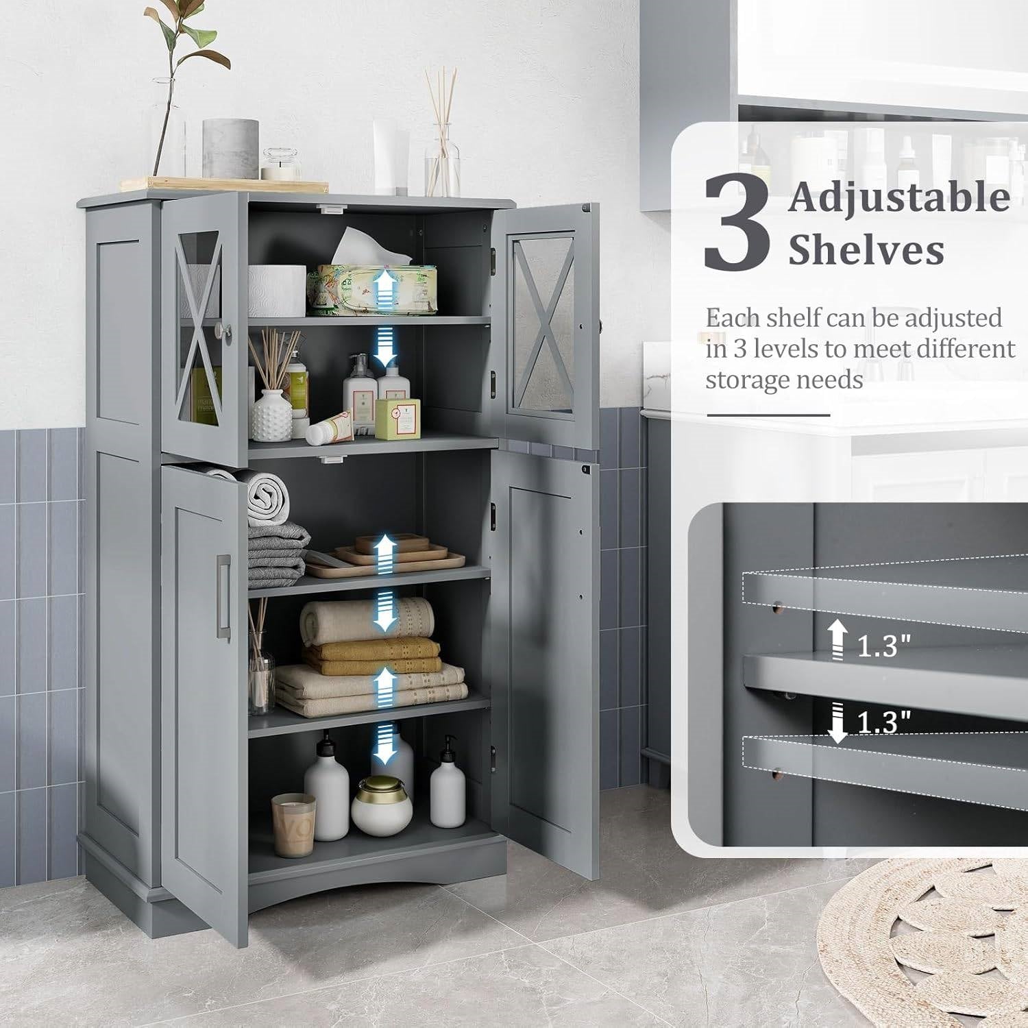 Bathroom Linen Cabinet with Glass Doors and Storage Shelves in Gray