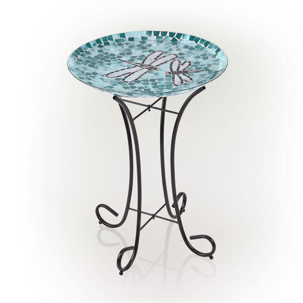 Teal Green/Blue/White Mosaic Glass Birdbath Bowl with Black Metal Stand