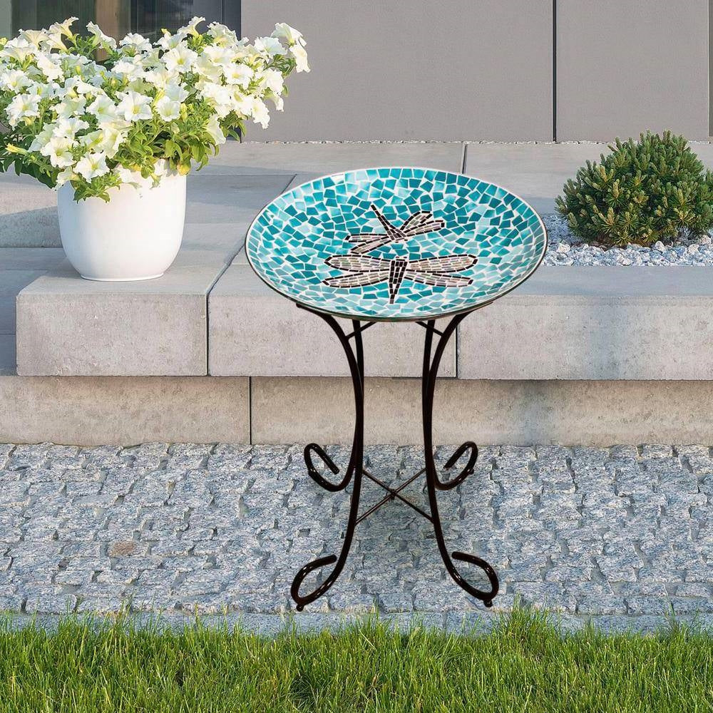 Teal Green/Blue/White Mosaic Glass Birdbath Bowl with Black Metal Stand