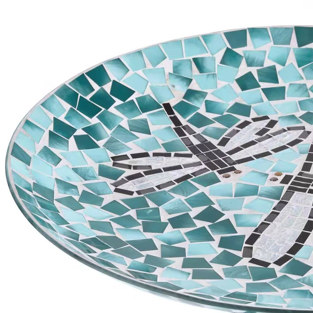 Teal Green/Blue/White Mosaic Glass Birdbath Bowl with Black Metal Stand