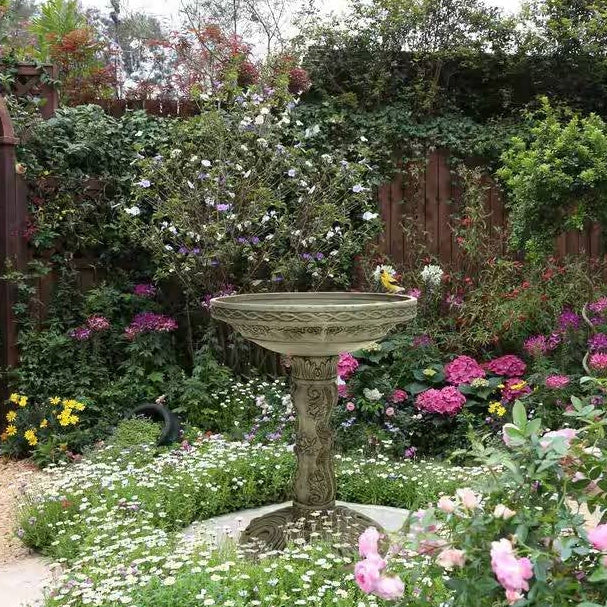 Outdoor Fiberglass Bird Bath in Aged Granite Stone Finish