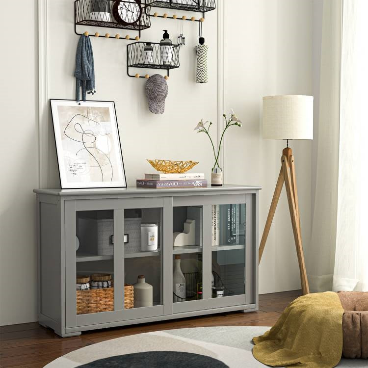 Wood Sideboard Storage Cabinet w/ Glass Sliding Door in Gray