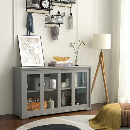 Wood Sideboard Storage Cabinet w/ Glass Sliding Door in Gray
