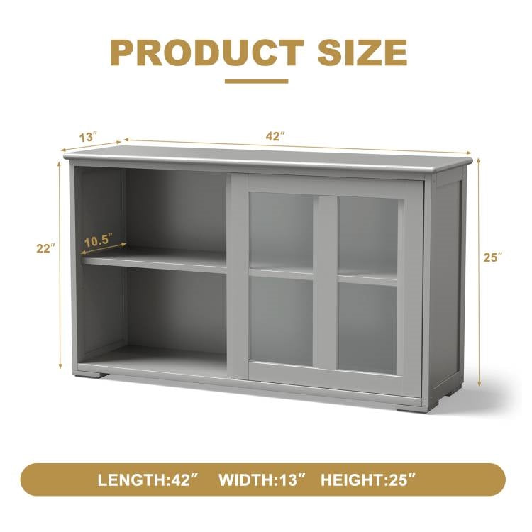 Wood Sideboard Storage Cabinet w/ Glass Sliding Door in Gray