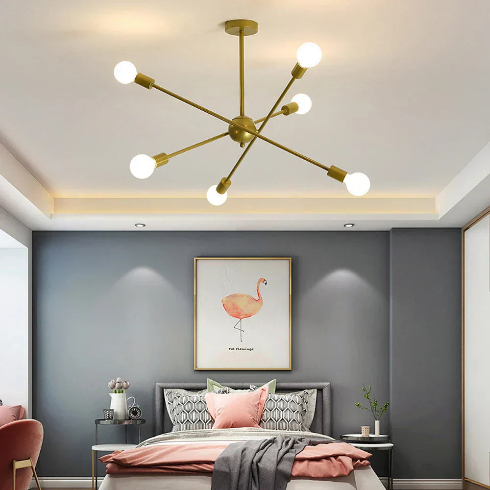 Modern Industrial Sputnik Style Chandelier - Black/White/Gold