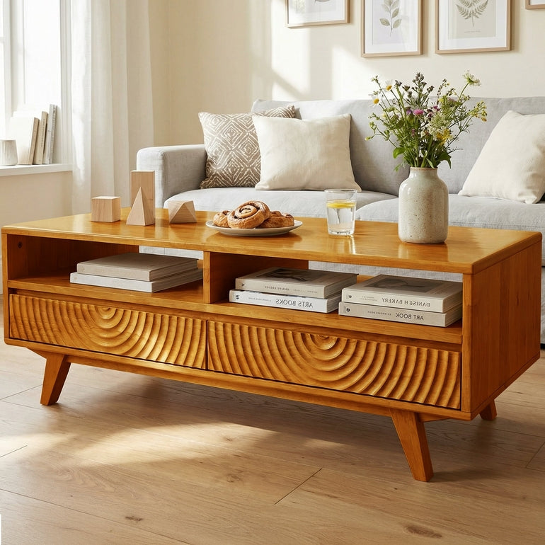 Harmony Solid Acacia Coffee Table with Drawers &amp; Open Storage - 3 Colors