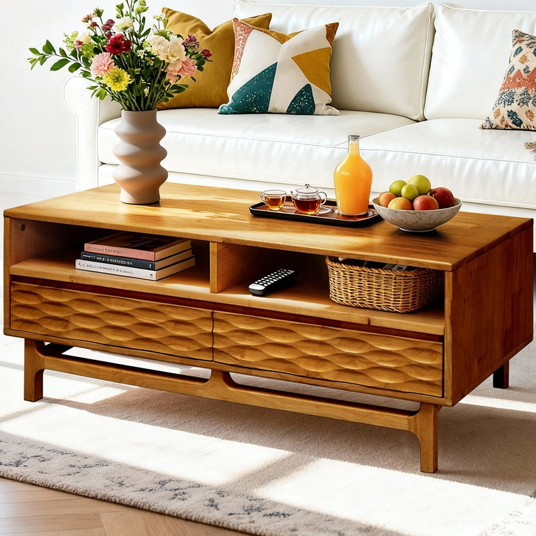 Elara 47.2” Acacia Coffee Table with Drawers &amp; Open Storage - 3 Colors