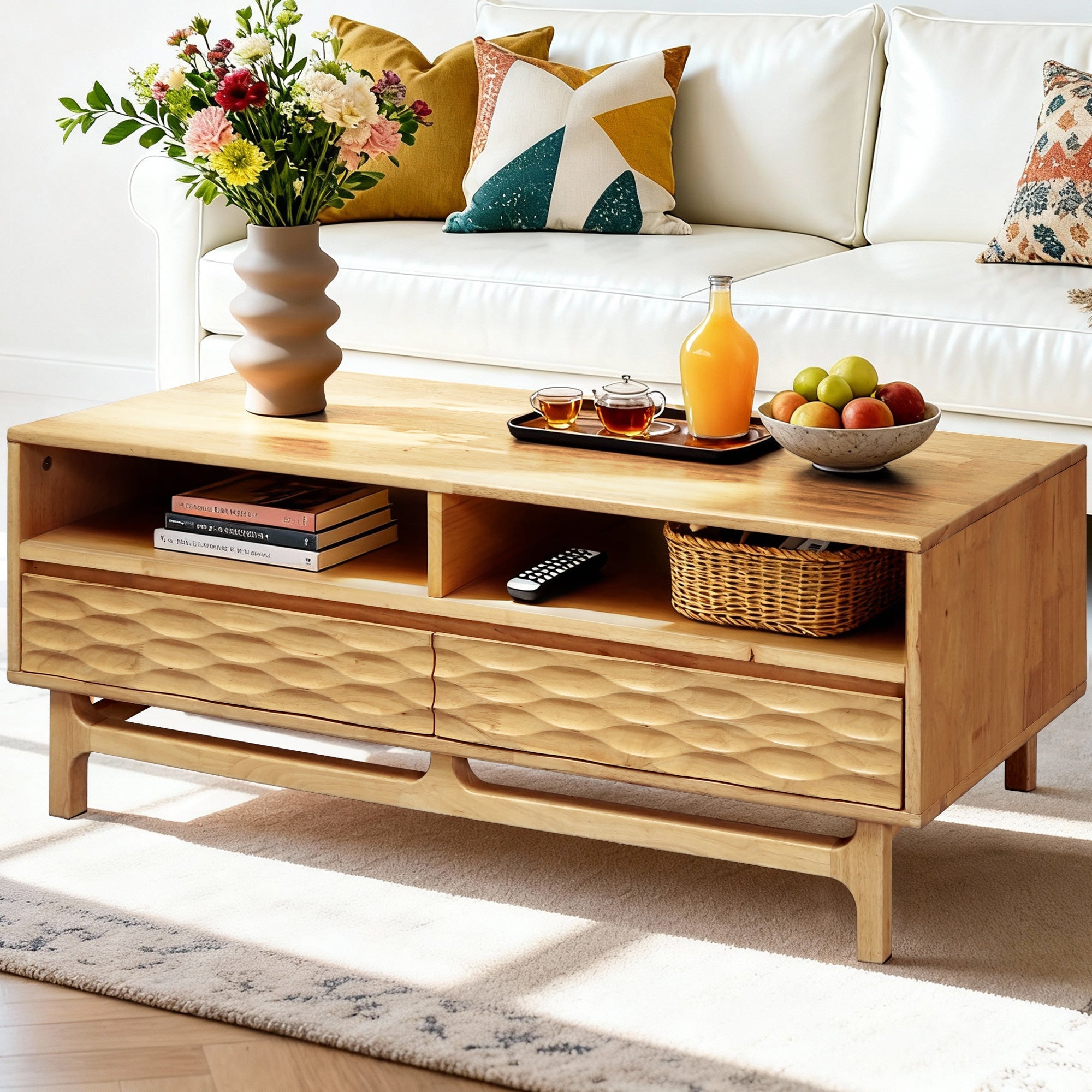 Elara 47.2” Acacia Coffee Table with Drawers &amp; Open Storage - 3 Colors
