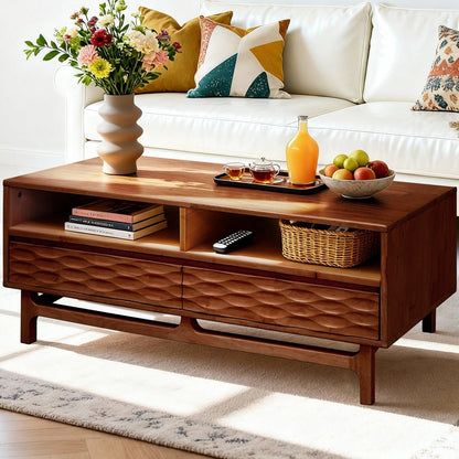 Elara 47.2” Acacia Coffee Table with Drawers &amp; Open Storage - 3 Colors
