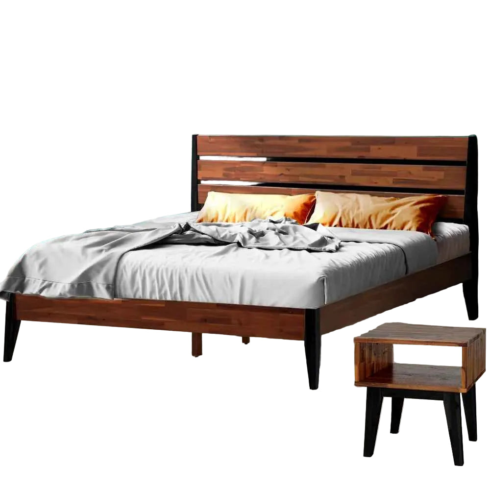 Emery Bed Frame &amp; Nightstand Set - Acacia Solid Wood in Walnut, or Americano
