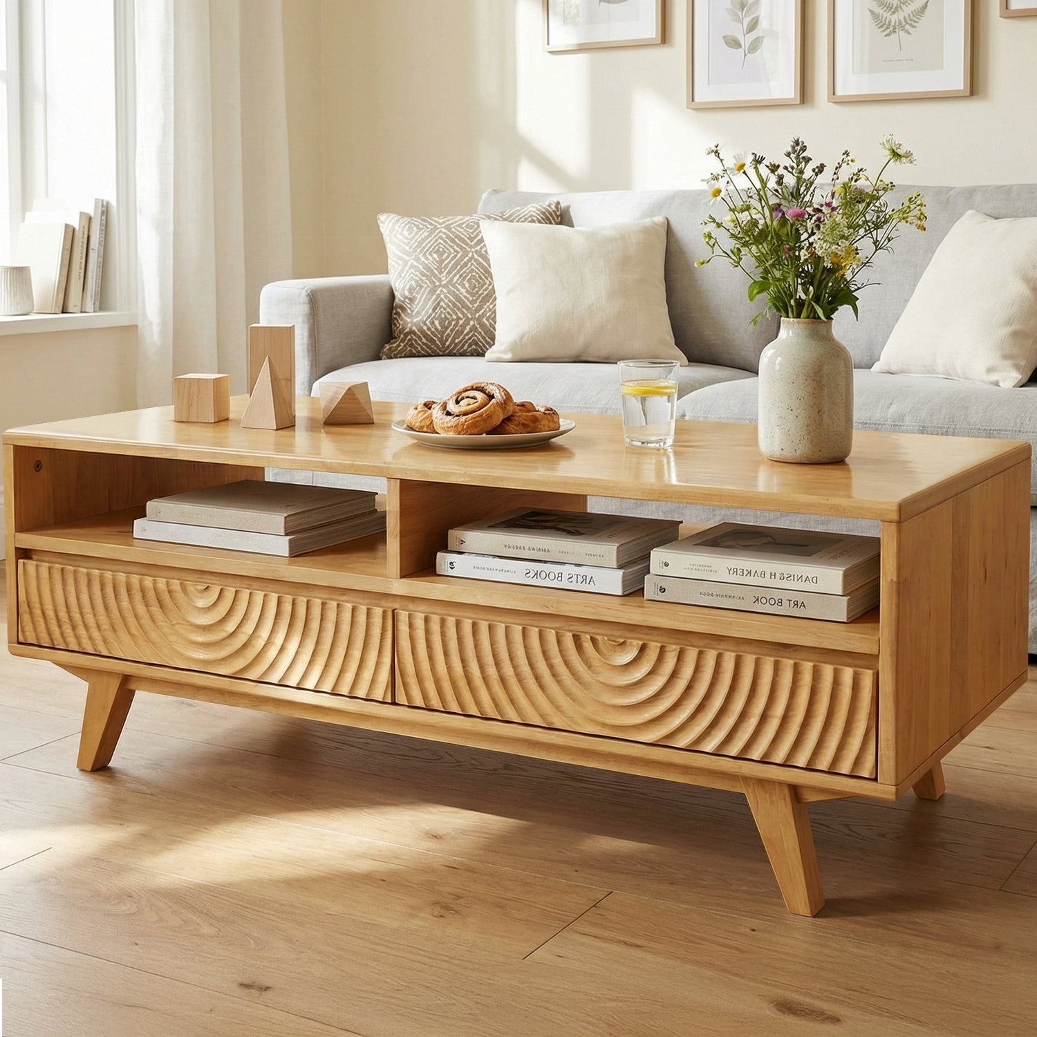 Harmony Solid Acacia Coffee Table with Drawers &amp; Open Storage - 3 Colors