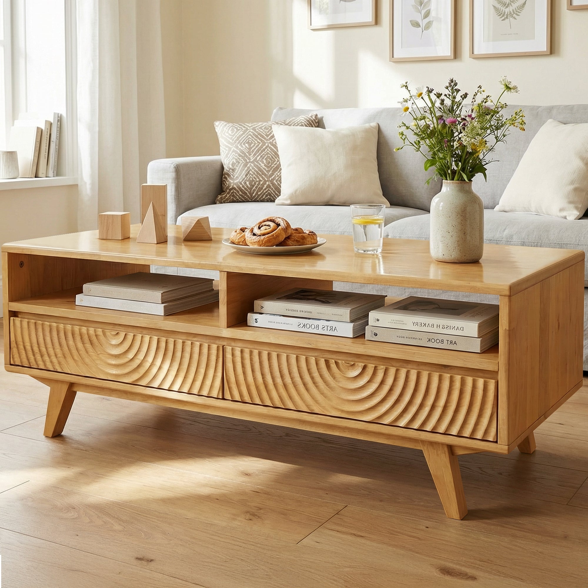 Harmony Solid Acacia Coffee Table with Drawers &amp; Open Storage - 3 Colors
