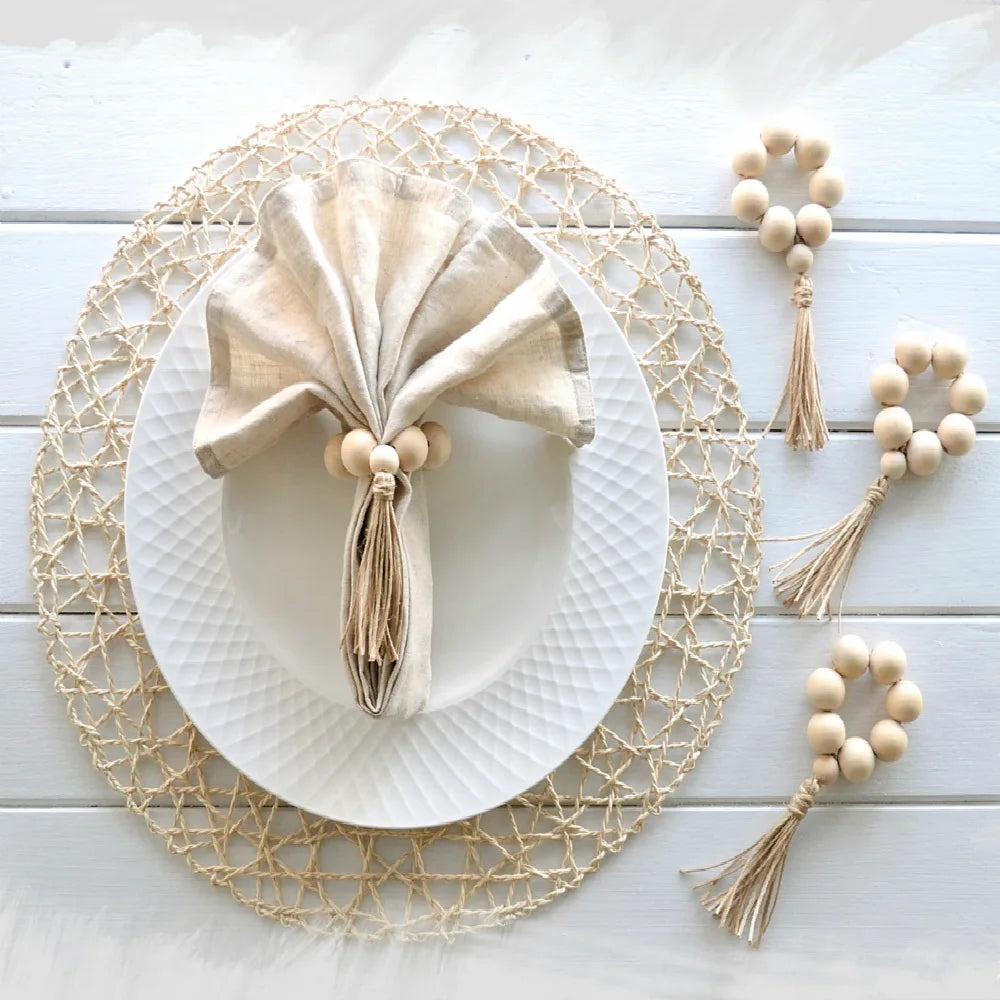 Natural Wood Bead Napkin Rings With Tassels - 6 Pc Set