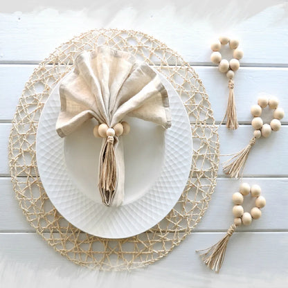 Natural Wood Bead Napkin Rings With Tassels - 6 Pc Set