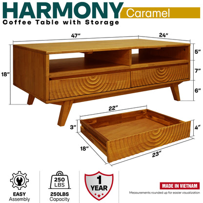 Harmony Solid Acacia Coffee Table with Drawers &amp; Open Storage - 3 Colors
