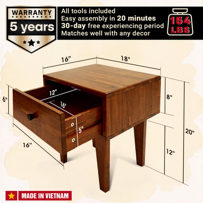 Acacia Sofia 1-Drawer Solid Wood Nightstand for Stylish Storage
