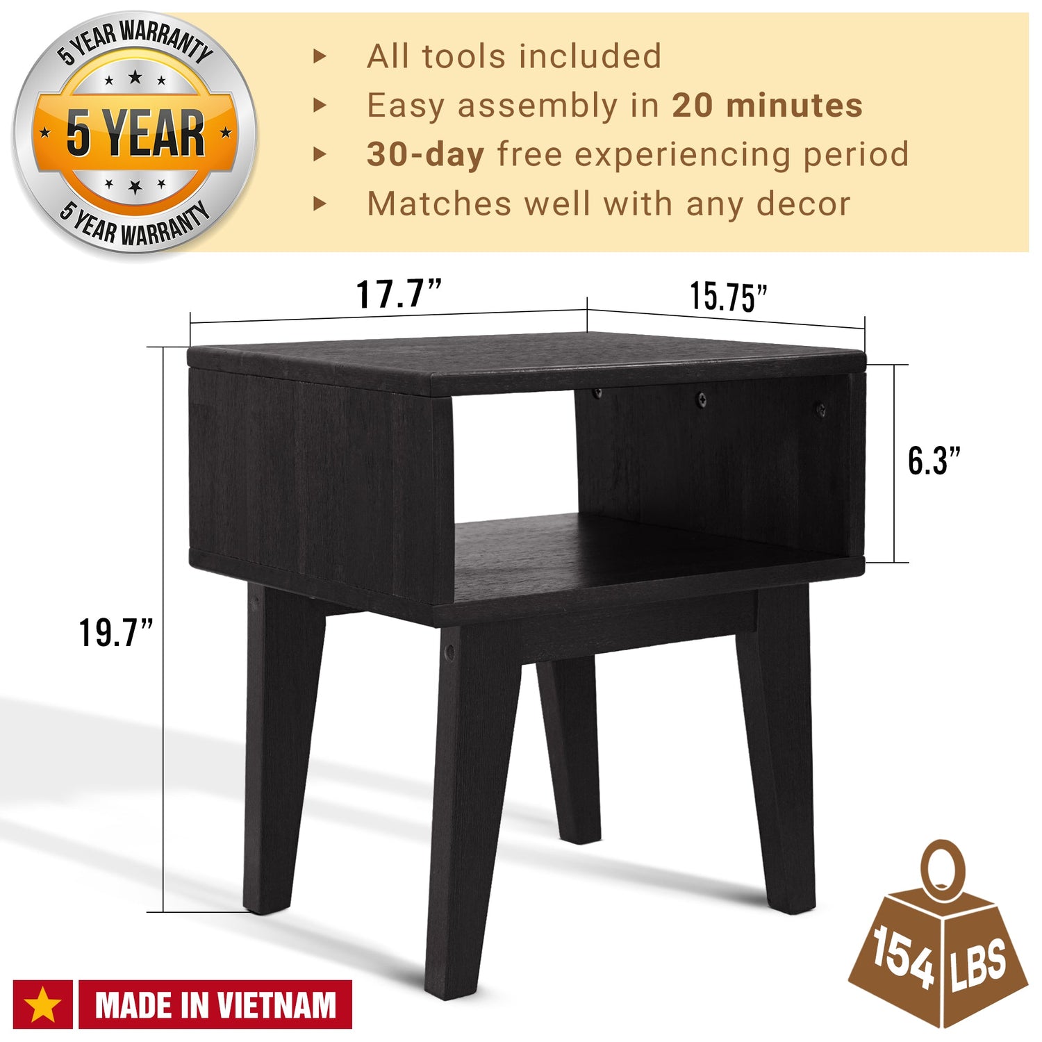 Serena Solid Acacia Wood Nightstand - 6 Colors