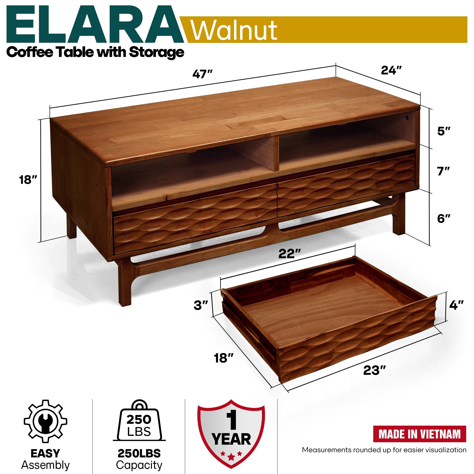 Elara 47.2” Acacia Coffee Table with Drawers &amp; Open Storage - 3 Colors