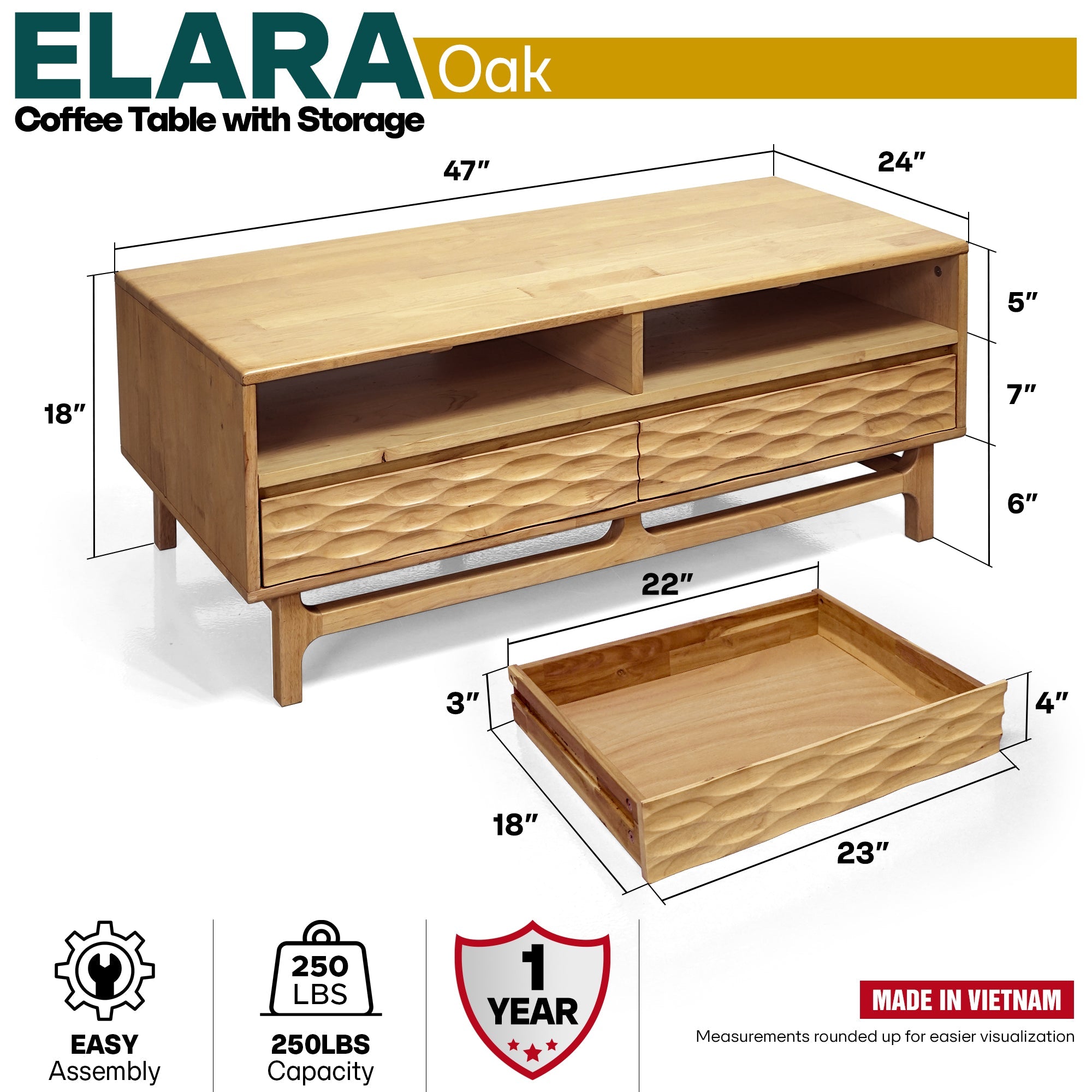 Elara 47.2” Acacia Coffee Table with Drawers &amp; Open Storage - 3 Colors
