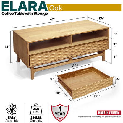 Elara 47.2” Acacia Coffee Table with Drawers &amp; Open Storage - 3 Colors