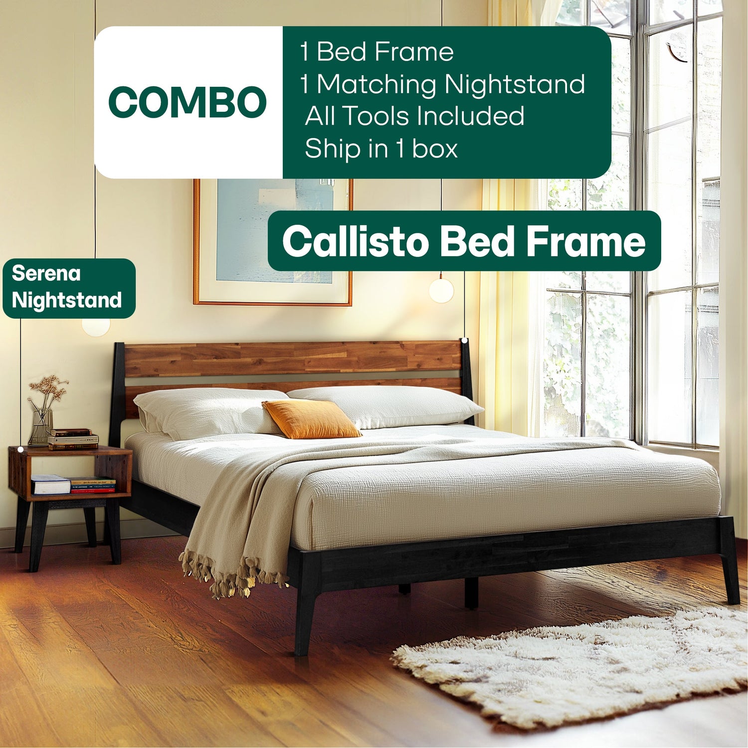 Callisto Solid Acacia Wood Bed Frame and Nightstand Set - 2 Colors