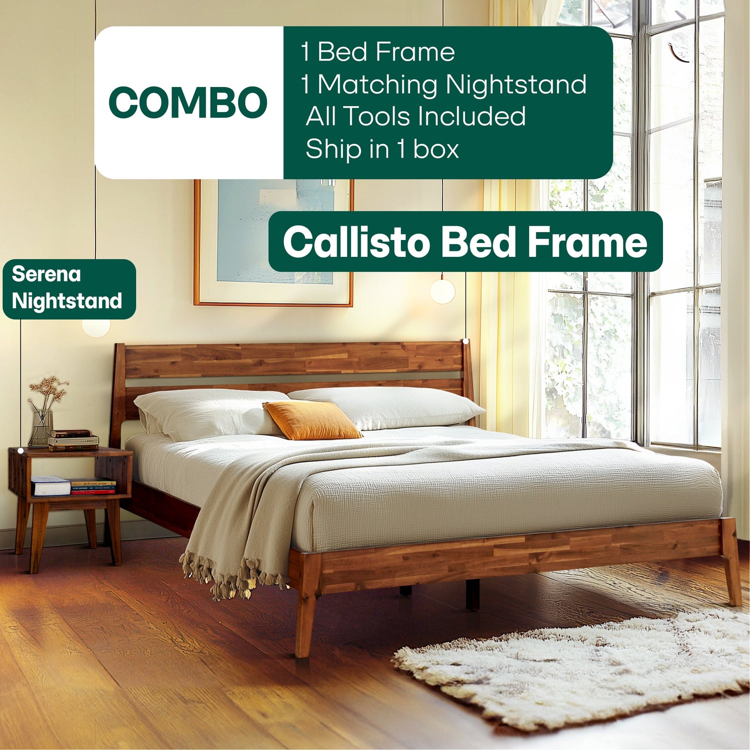 Callisto Solid Acacia Wood Bed Frame and Nightstand Set - 2 Colors