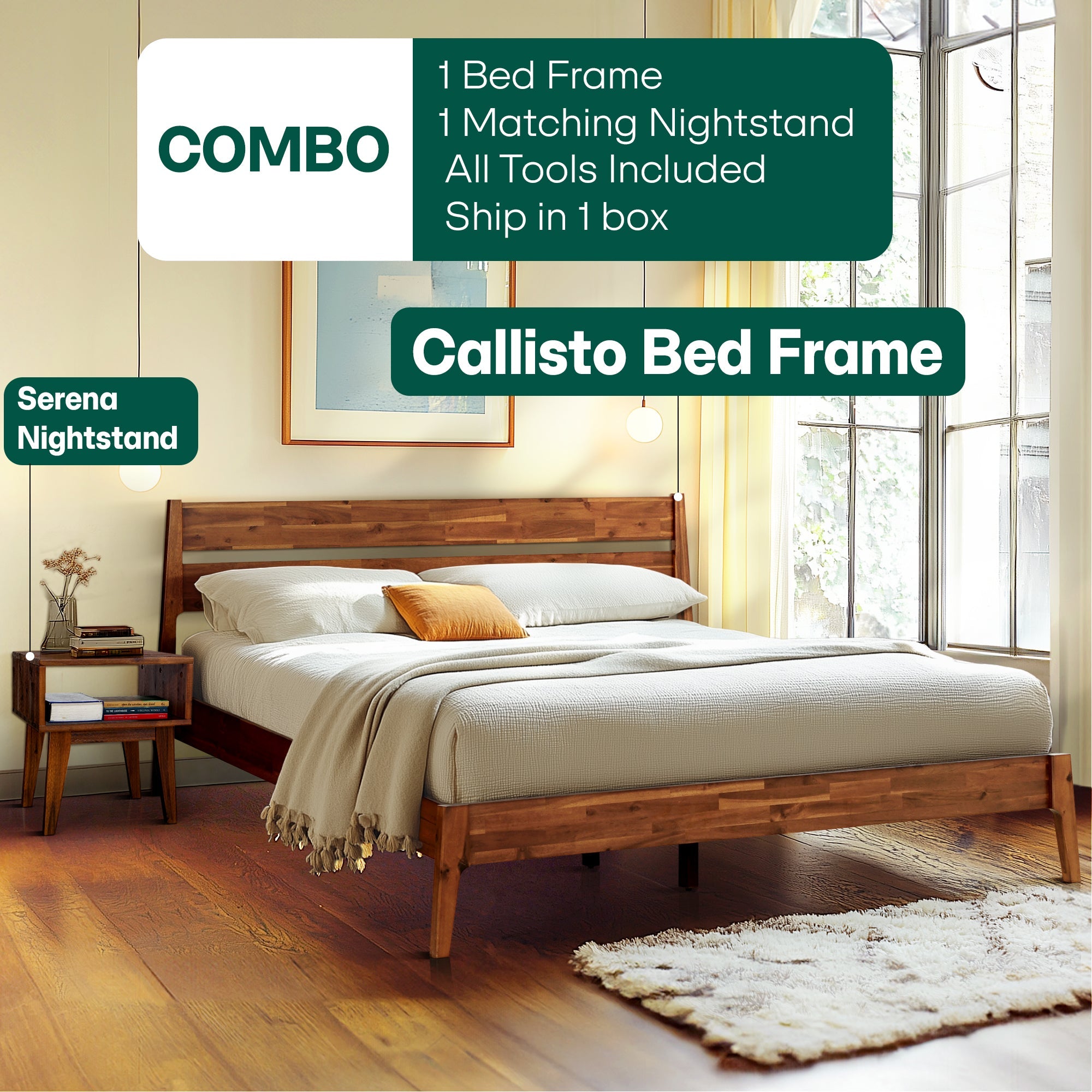 Callisto Solid Acacia Wood Bed Frame and Nightstand Set - 2 Colors