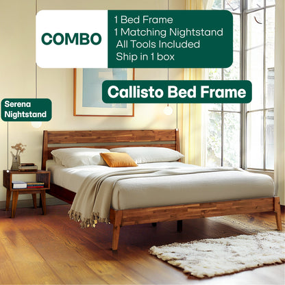 Callisto Solid Acacia Wood Bed Frame and Nightstand Set - 2 Colors