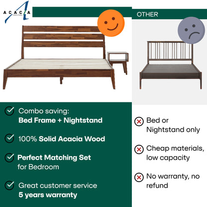 Emery Bed Frame &amp; Nightstand Set - Acacia Solid Wood in Walnut, or Americano