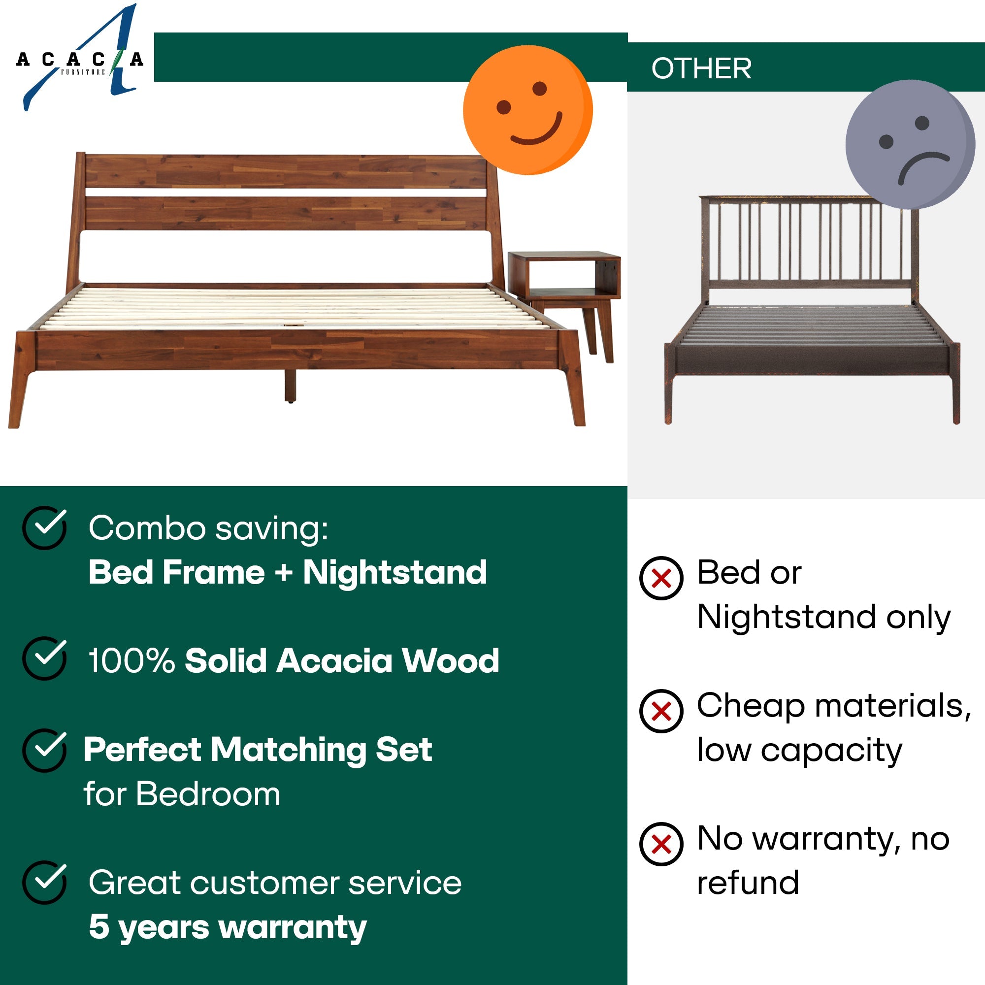 Callisto Solid Acacia Wood Bed Frame and Nightstand Set - 2 Colors