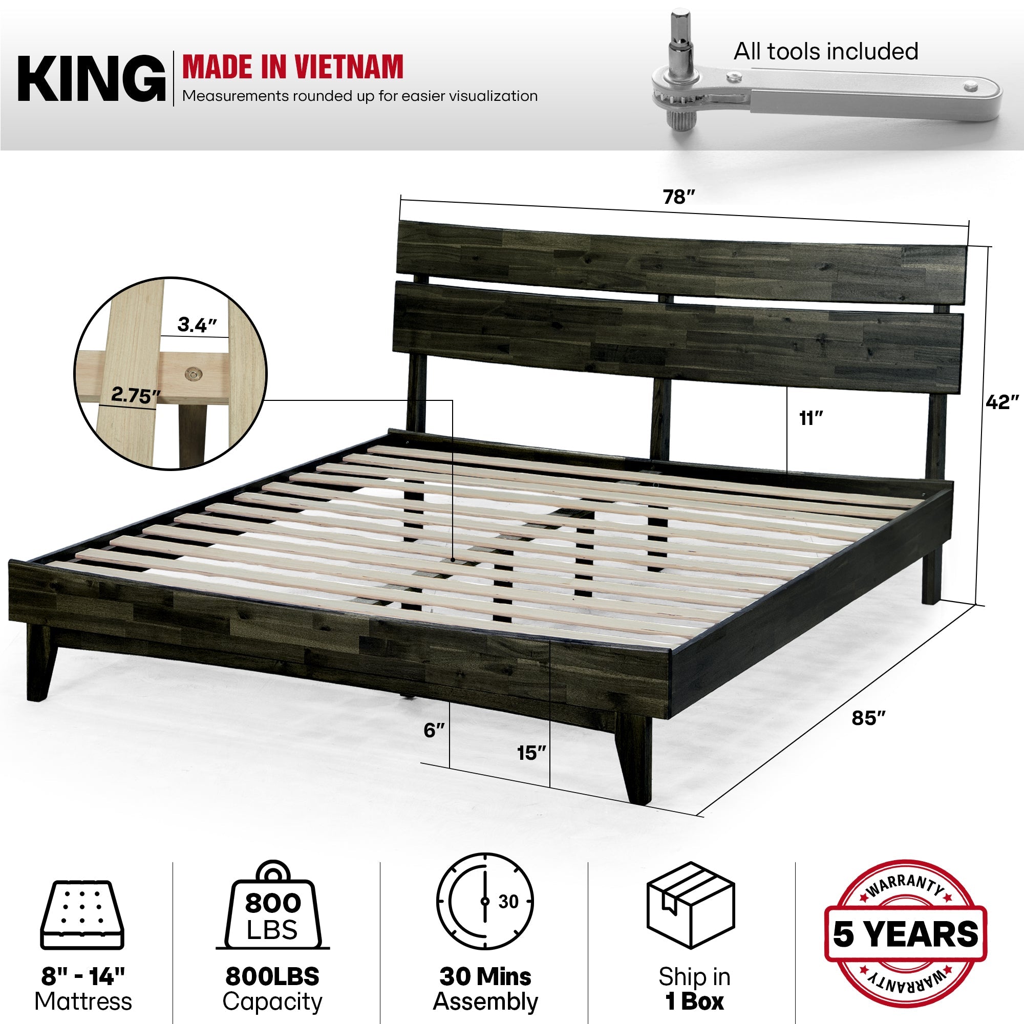 Aurora Acacia Solid Wood Bed Frame - Mocha, Walnut, Caramel, Chocolate